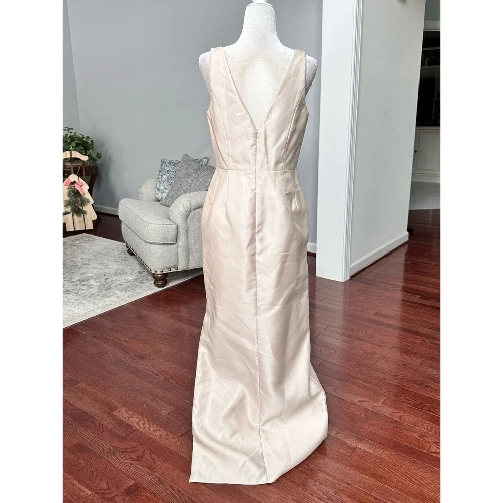 Alfred Sung Beige Champagne Satin Plunge Gown Dress with Pockets Size 8 - Picture 8 of 11